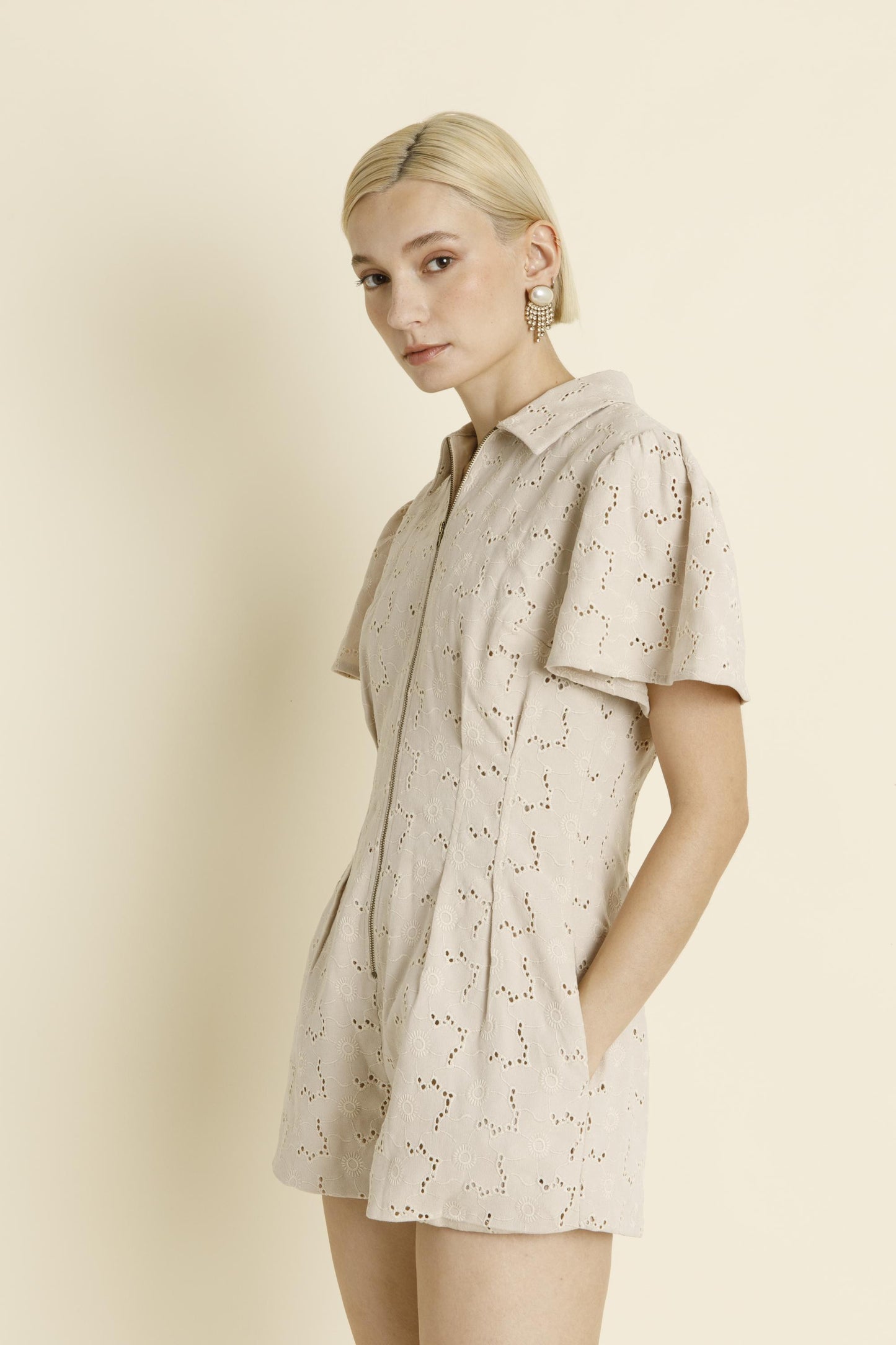 IVORY PLEATED TWILL ROMPER