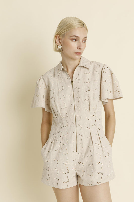 IVORY PLEATED TWILL ROMPER