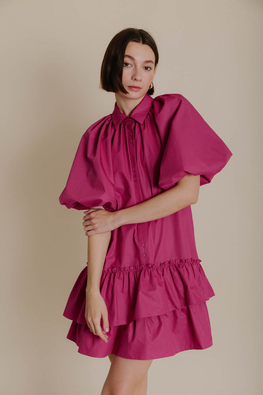 HOT PINK RUFFLE TIERED SHIRT DRESS