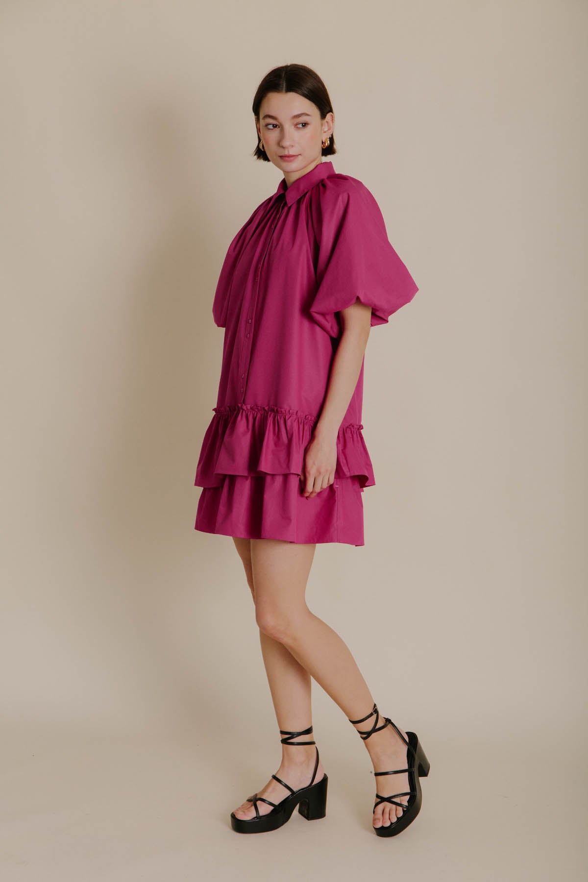HOT PINK RUFFLE TIERED SHIRT DRESS