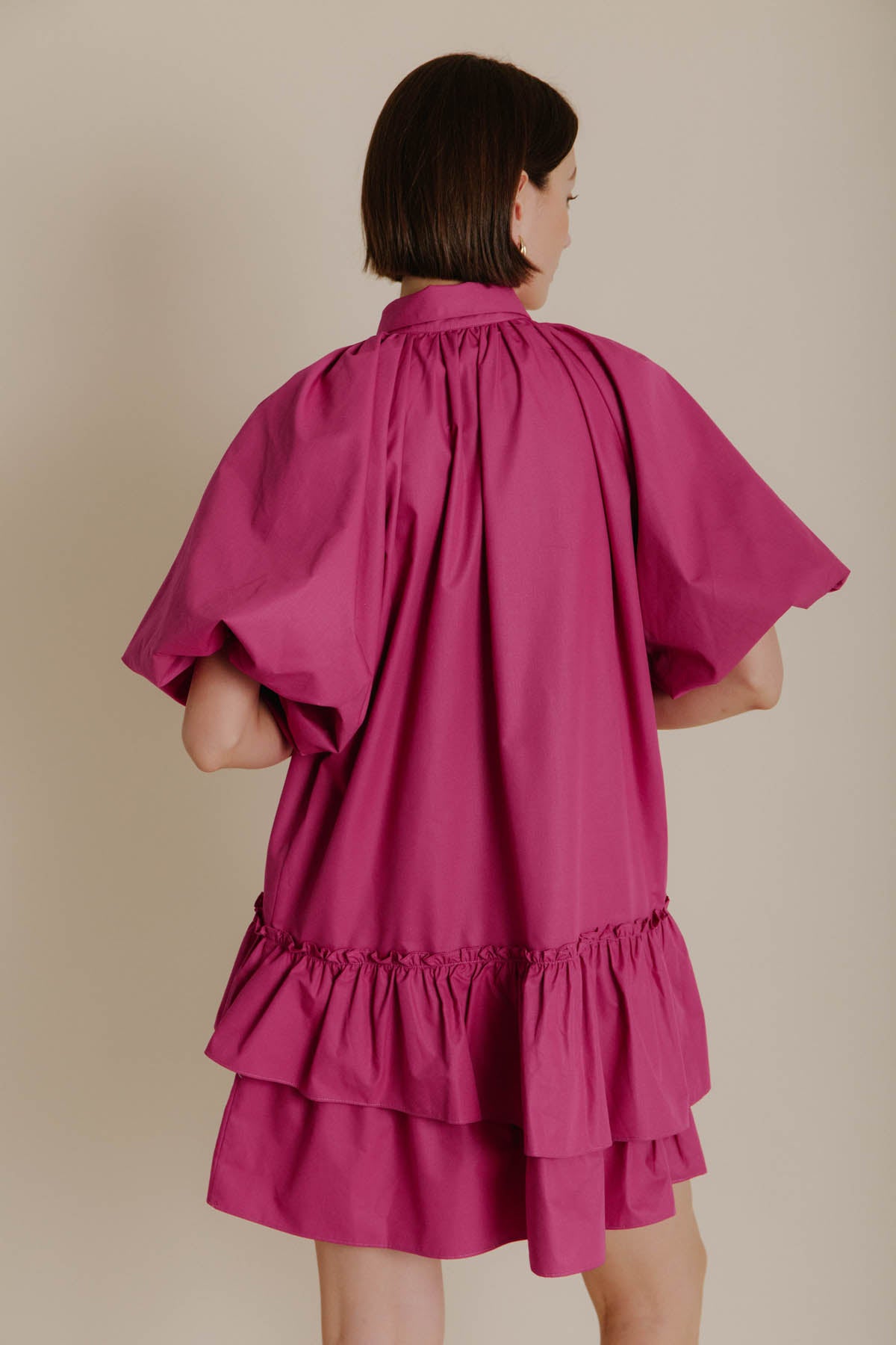 HOT PINK RUFFLE TIERED SHIRT DRESS