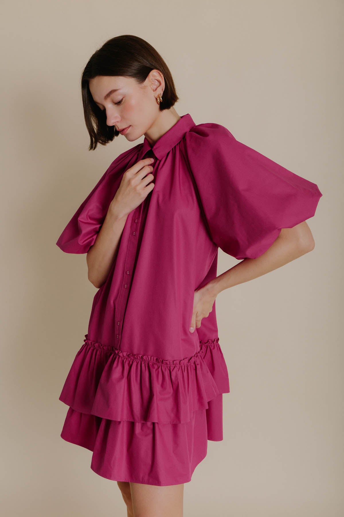 HOT PINK RUFFLE TIERED SHIRT DRESS