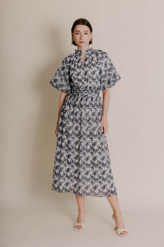 BLACK SHIRRED MIDI DRESS