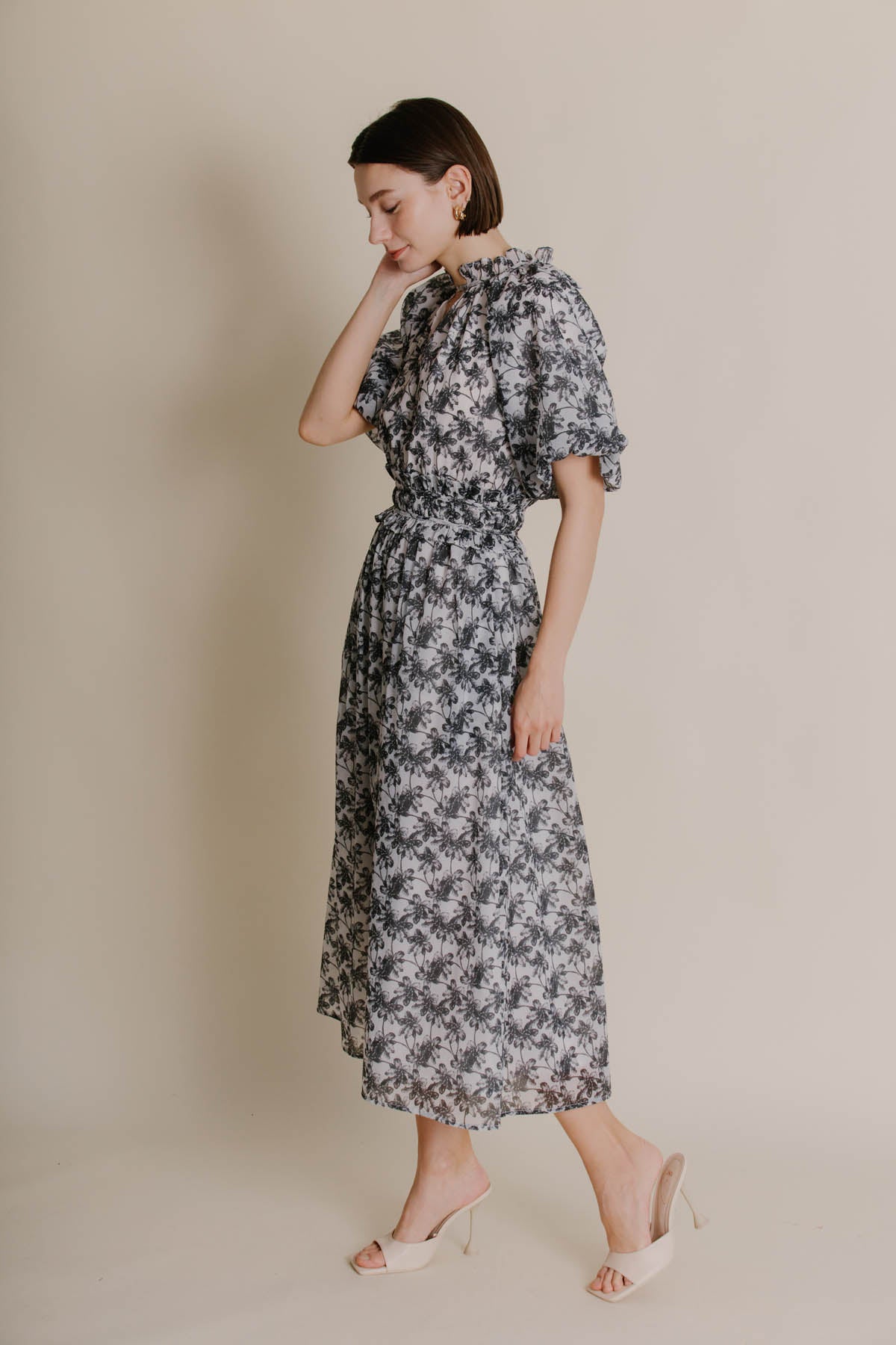 BLACK SHIRRED MIDI DRESS