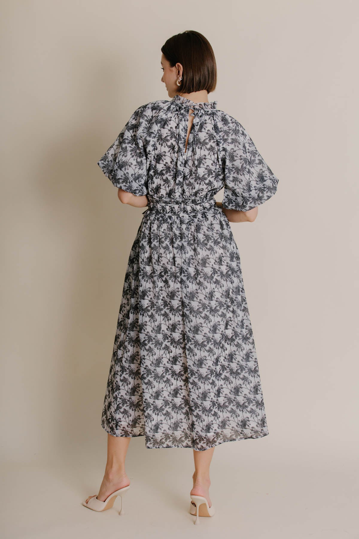 BLACK SHIRRED MIDI DRESS