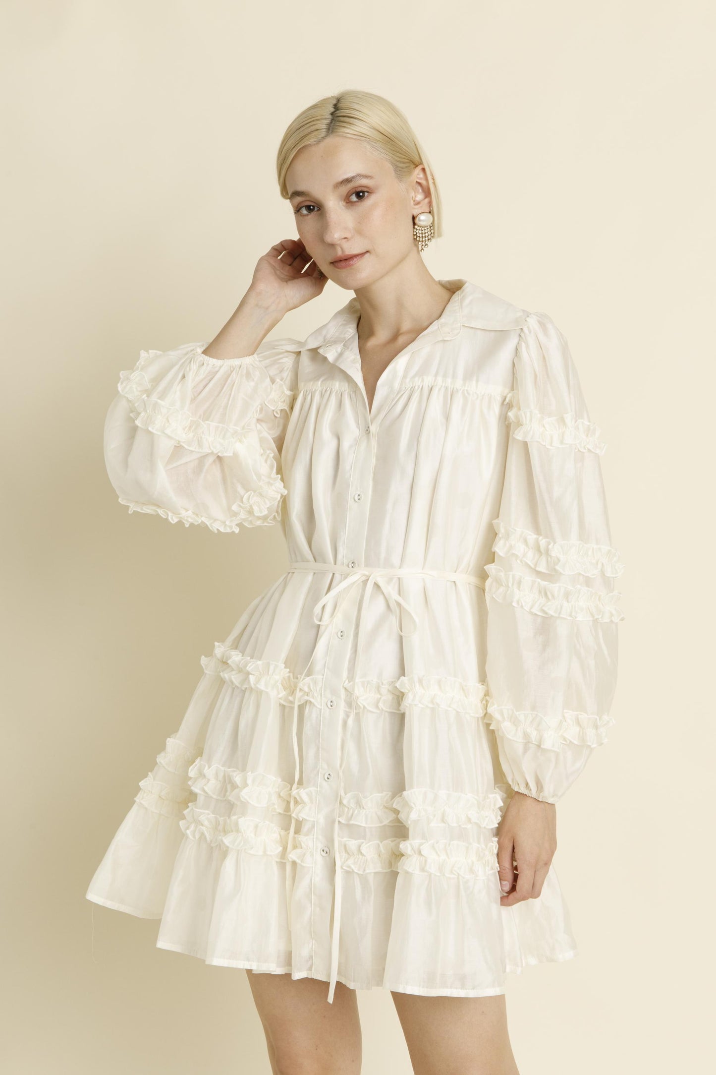 IVORY RUFFLED MINI DRESS