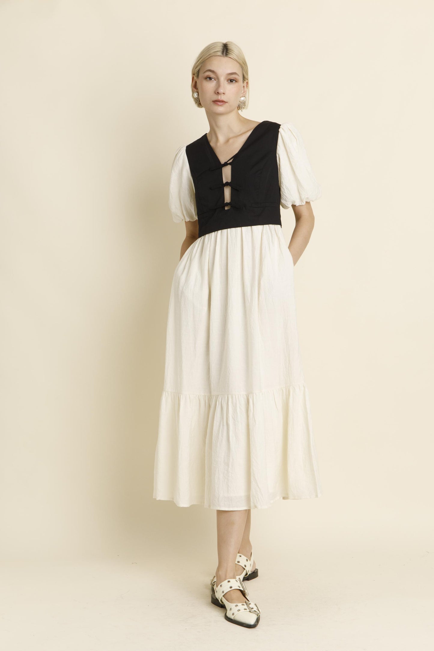 IVORY BLACK VEST MIDI DRESS