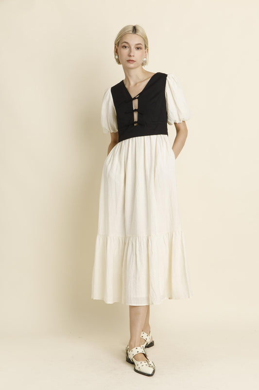 IVORY BLACK VEST MIDI DRESS