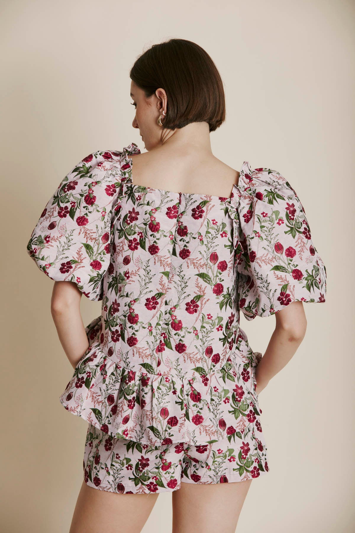 MULTI CHERRY JACQUARD PEPLUM TOP