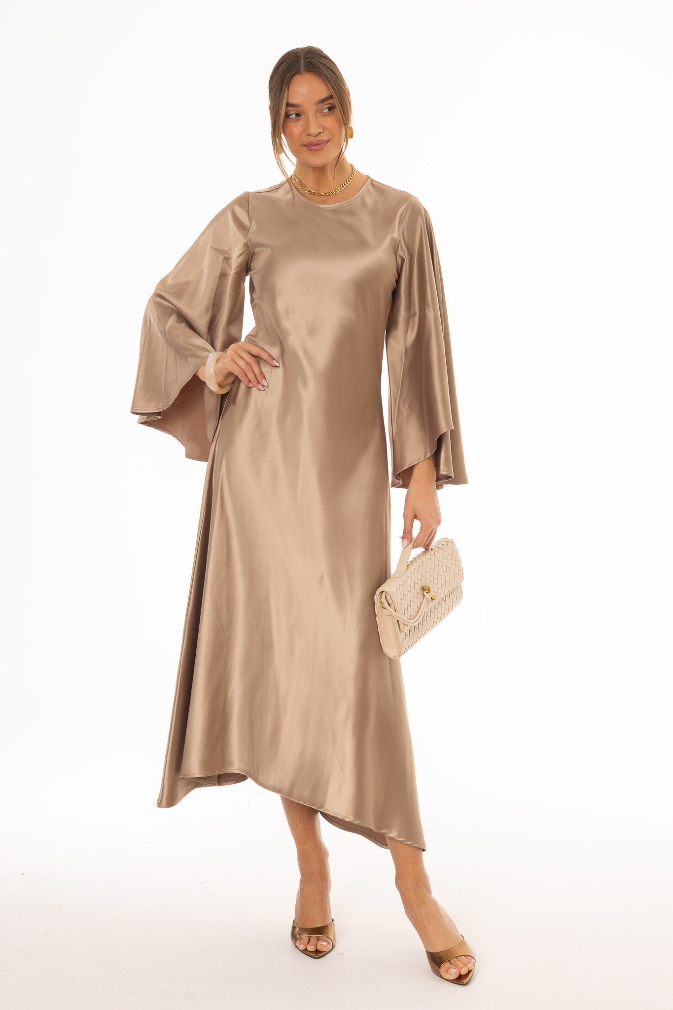 BRONZE FLARE SLEEVE MAXI DRESS