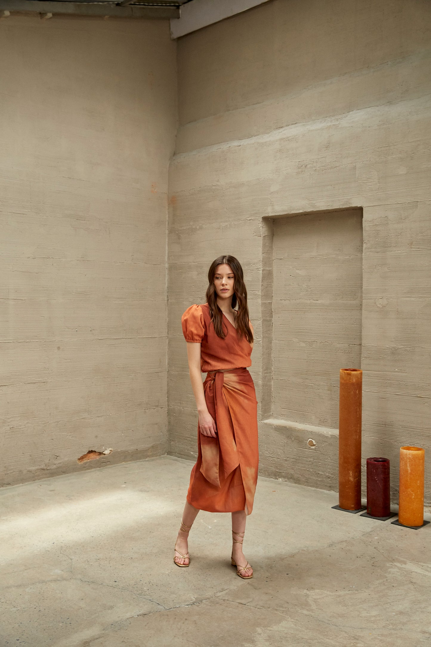 CAMELO ORANGE CROSS TOP AND MIDI SKIRT SET