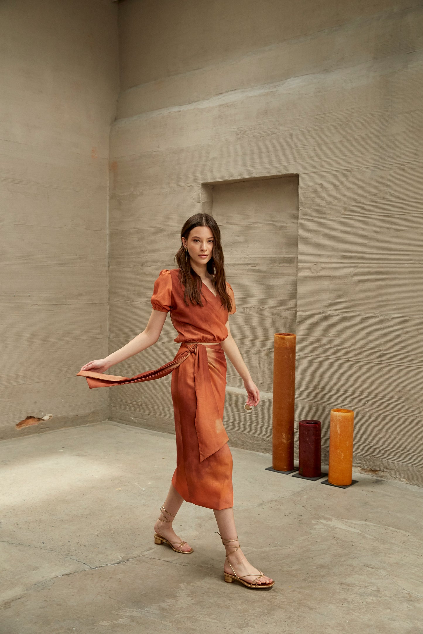 CAMELO ORANGE CROSS TOP AND MIDI SKIRT SET