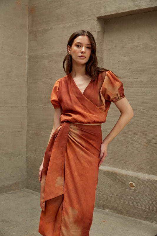 CAMELO ORANGE CROSS TOP AND MIDI SKIRT SET