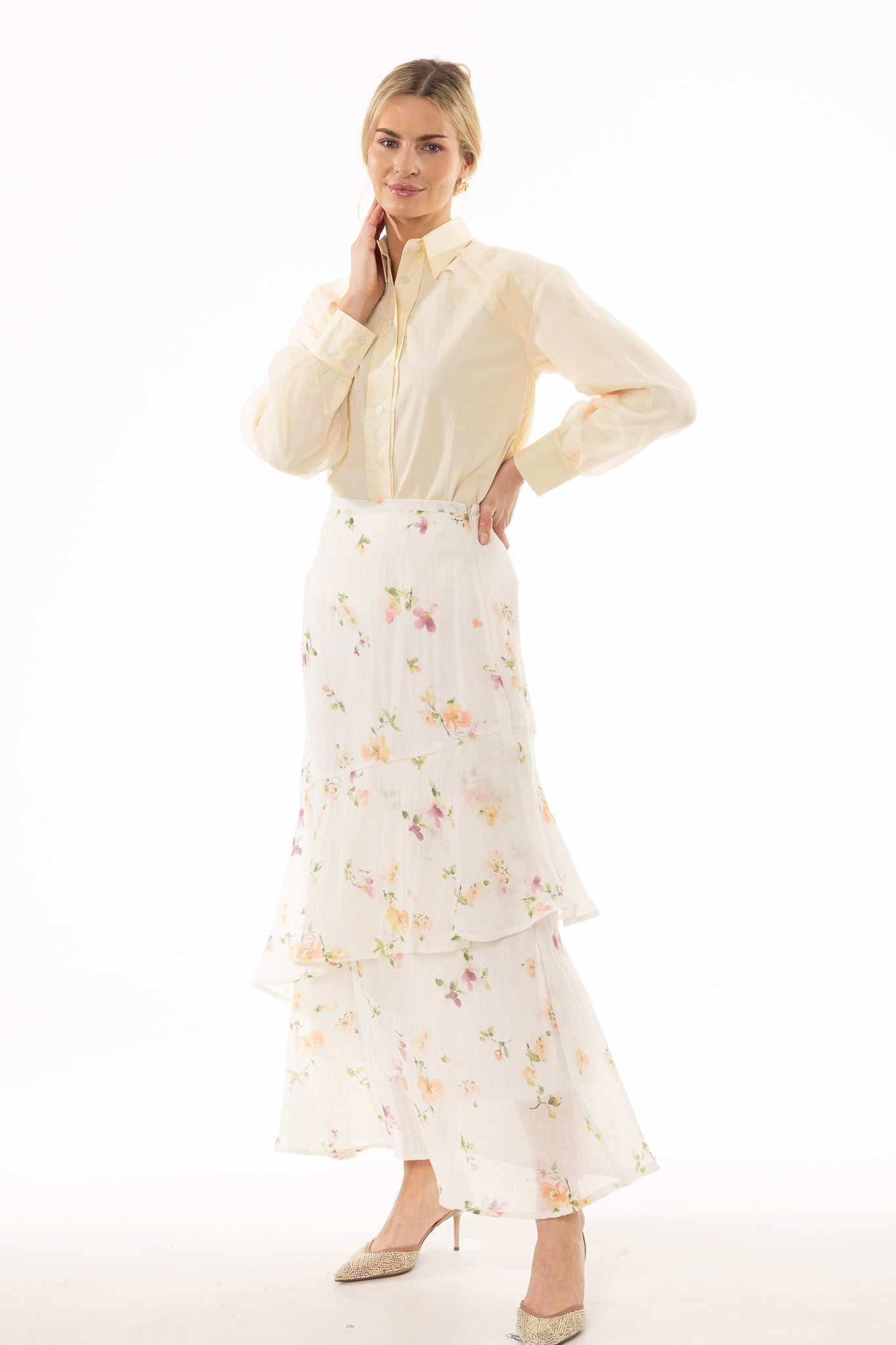 CREAM FLORAL PRINTED RUFFLE MAXI SKIRT
