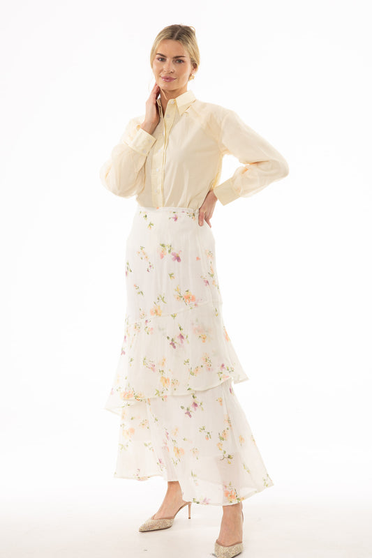 CREAM FLORAL PRINTED RUFFLE MAXI SKIRT