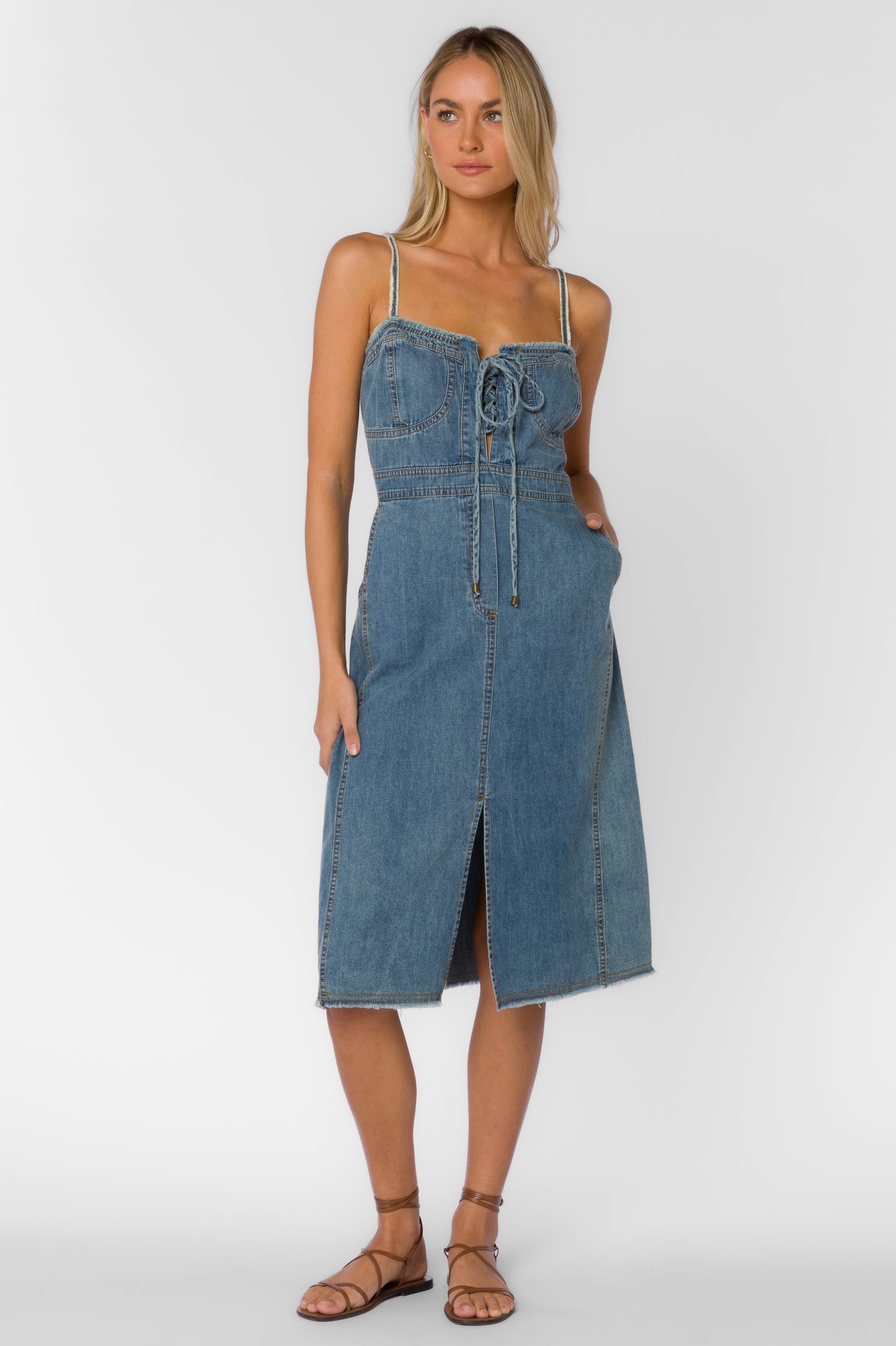 GILLIAN CORSET MIDI DENIM DRESS