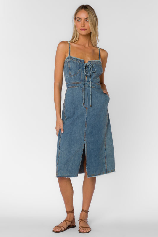 GILLIAN CORSET MIDI DENIM DRESS