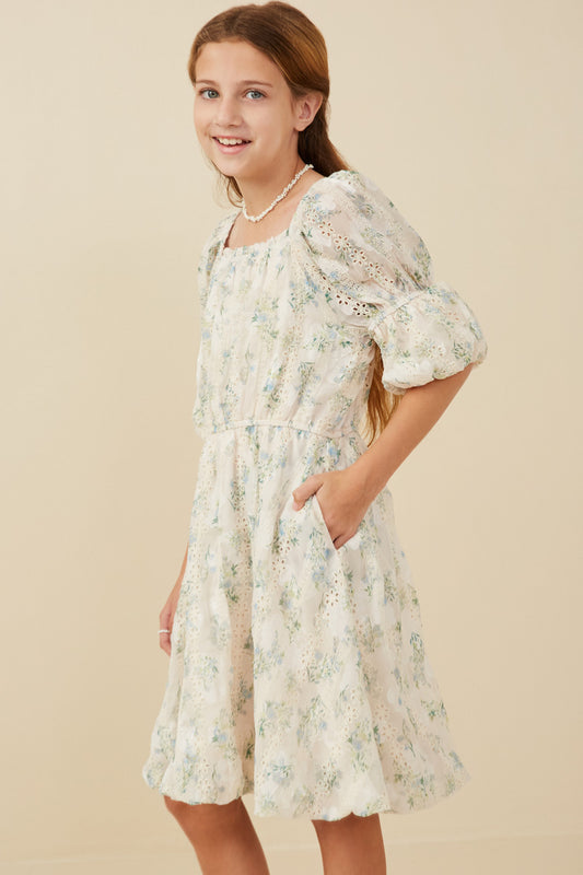 CREAM PUFF SLEEVE FLOWER DRESS