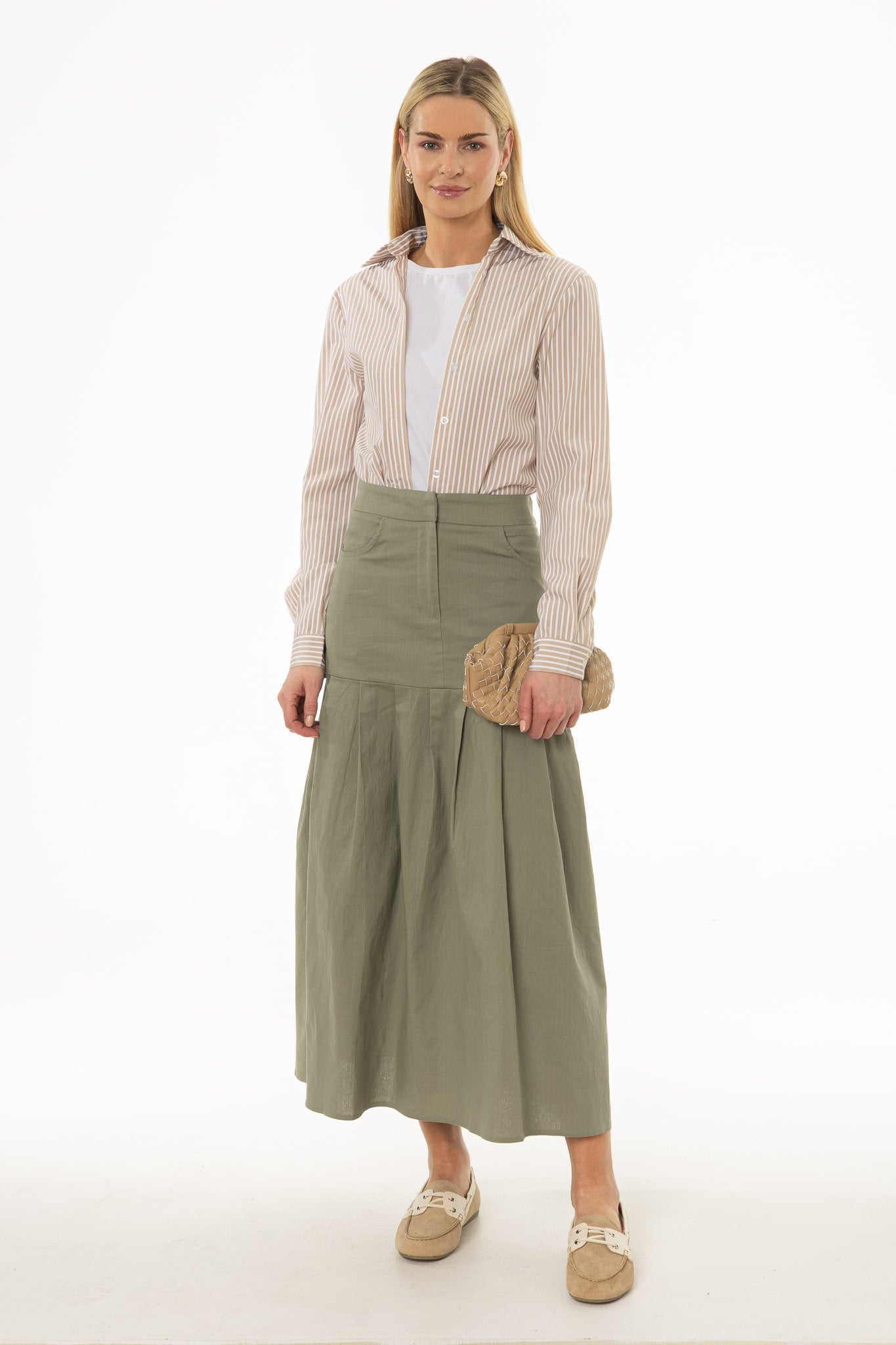 GREEN LINEN FEEL STRETCH MAXI SKIRT