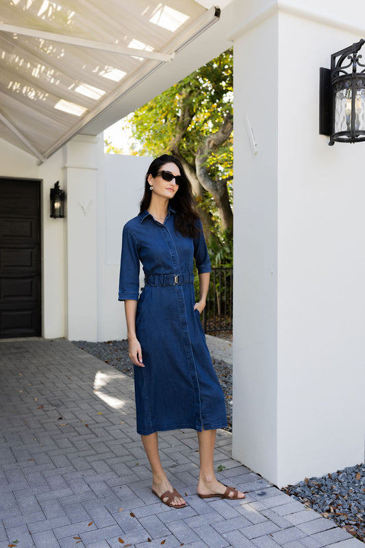 DENIM BELT BLUE MIDI DRESS