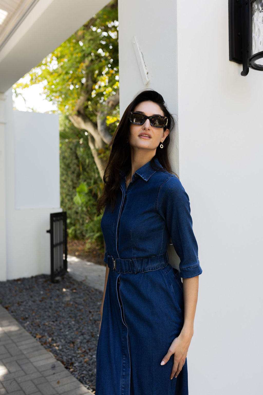 DENIM BELT BLUE MIDI DRESS