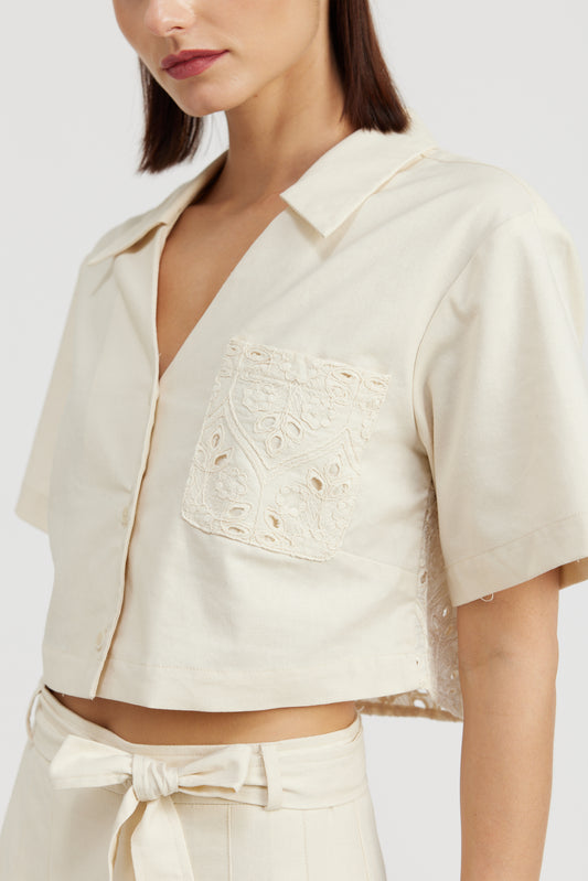 CREAM EMBROIDERY DETAIL CAMP SHIRT