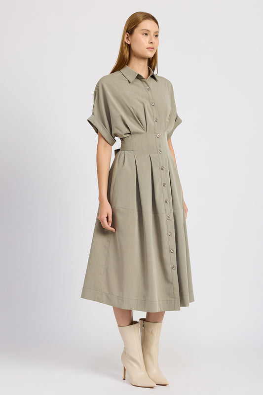 GREEN TWILL KISS PLEAT MIDI DRESS