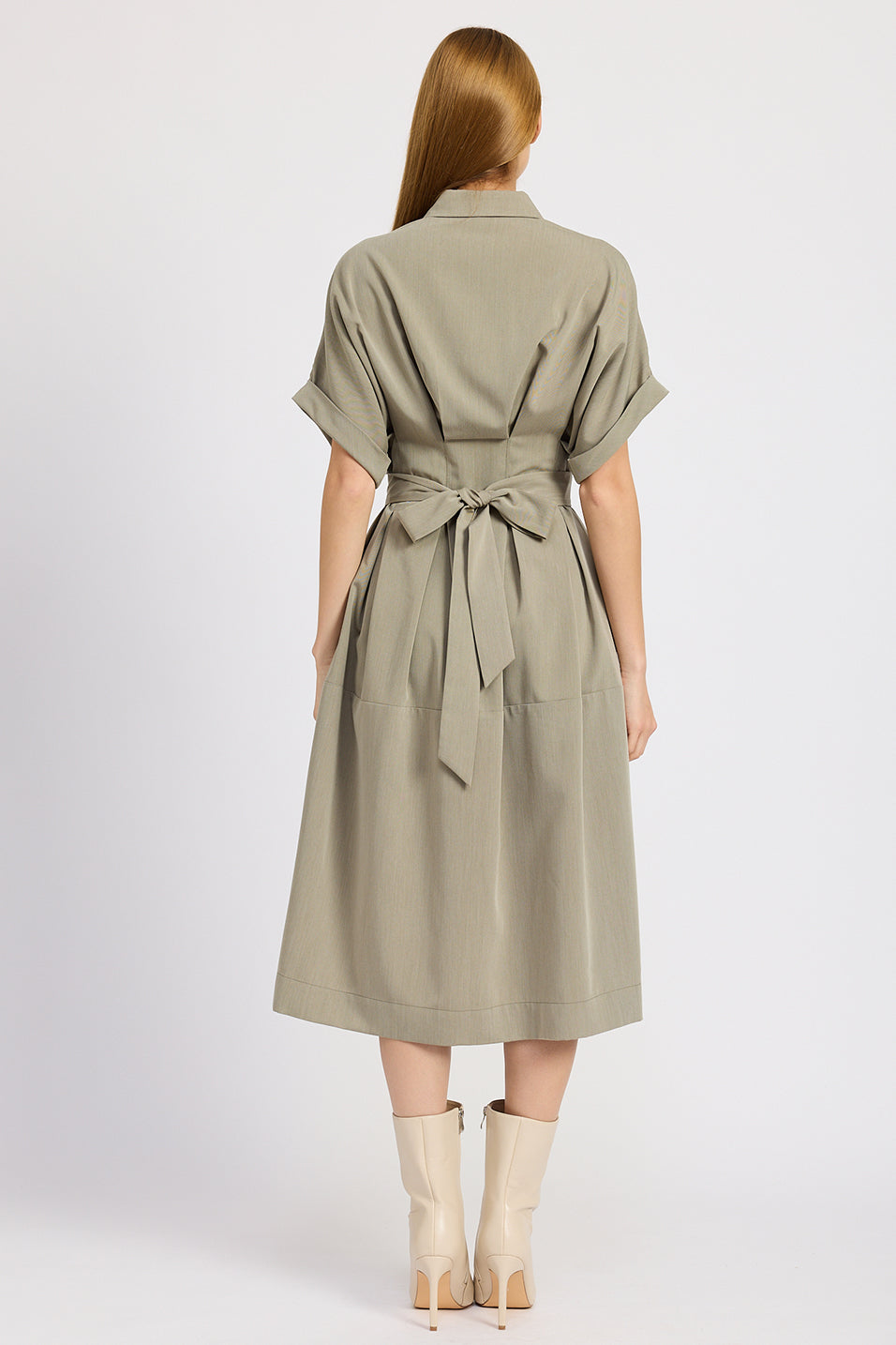 GREEN TWILL KISS PLEAT MIDI DRESS