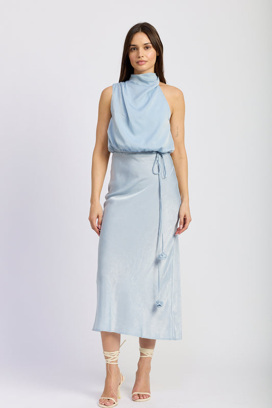 LIGHT BLUE SATIN FLORAL MIDI DRESS