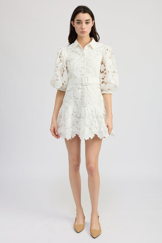 WHITE FLORAL EMBROIDERY MINI DRESS