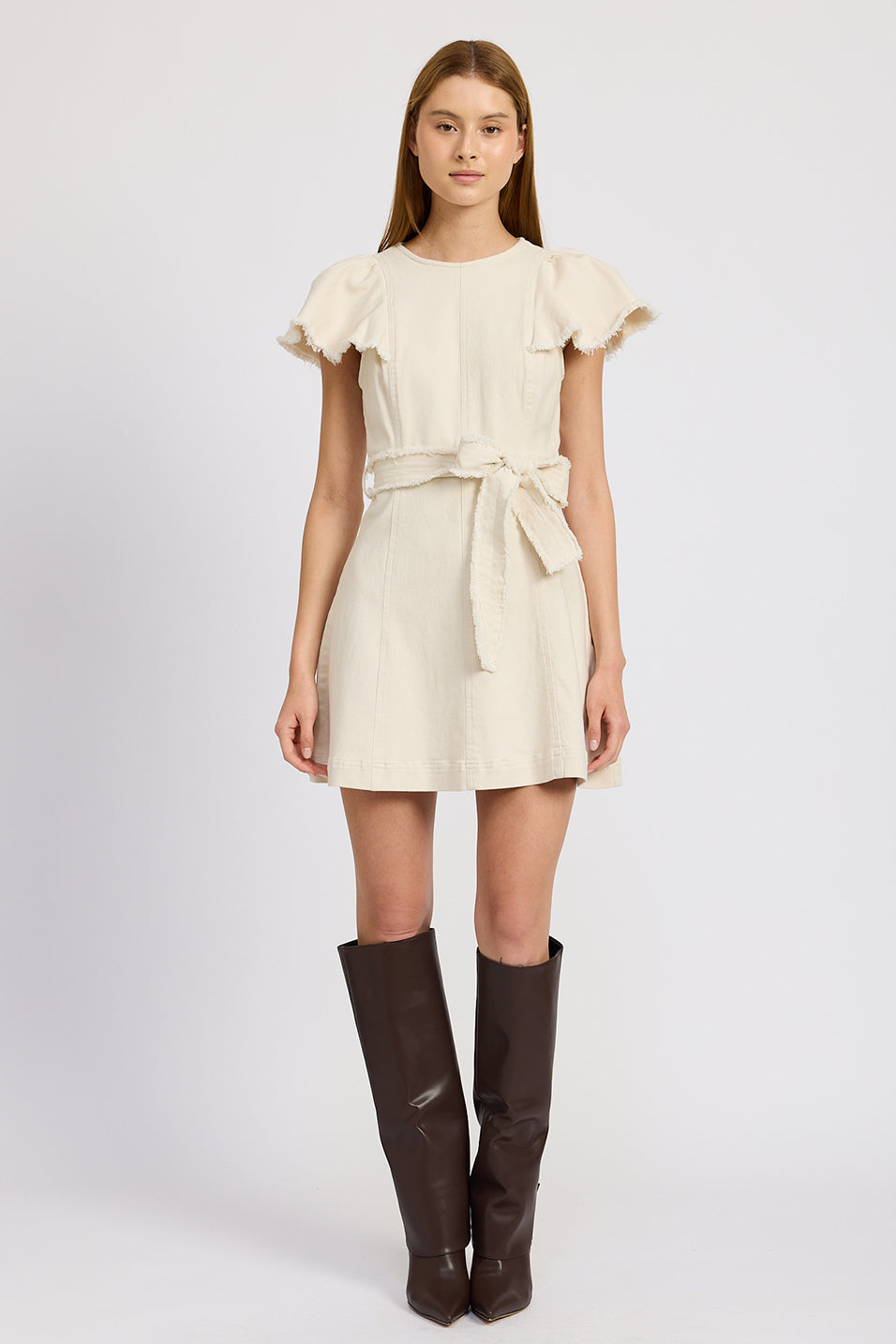 OFF WHITE RUFFLE DENIM MINI DRESS