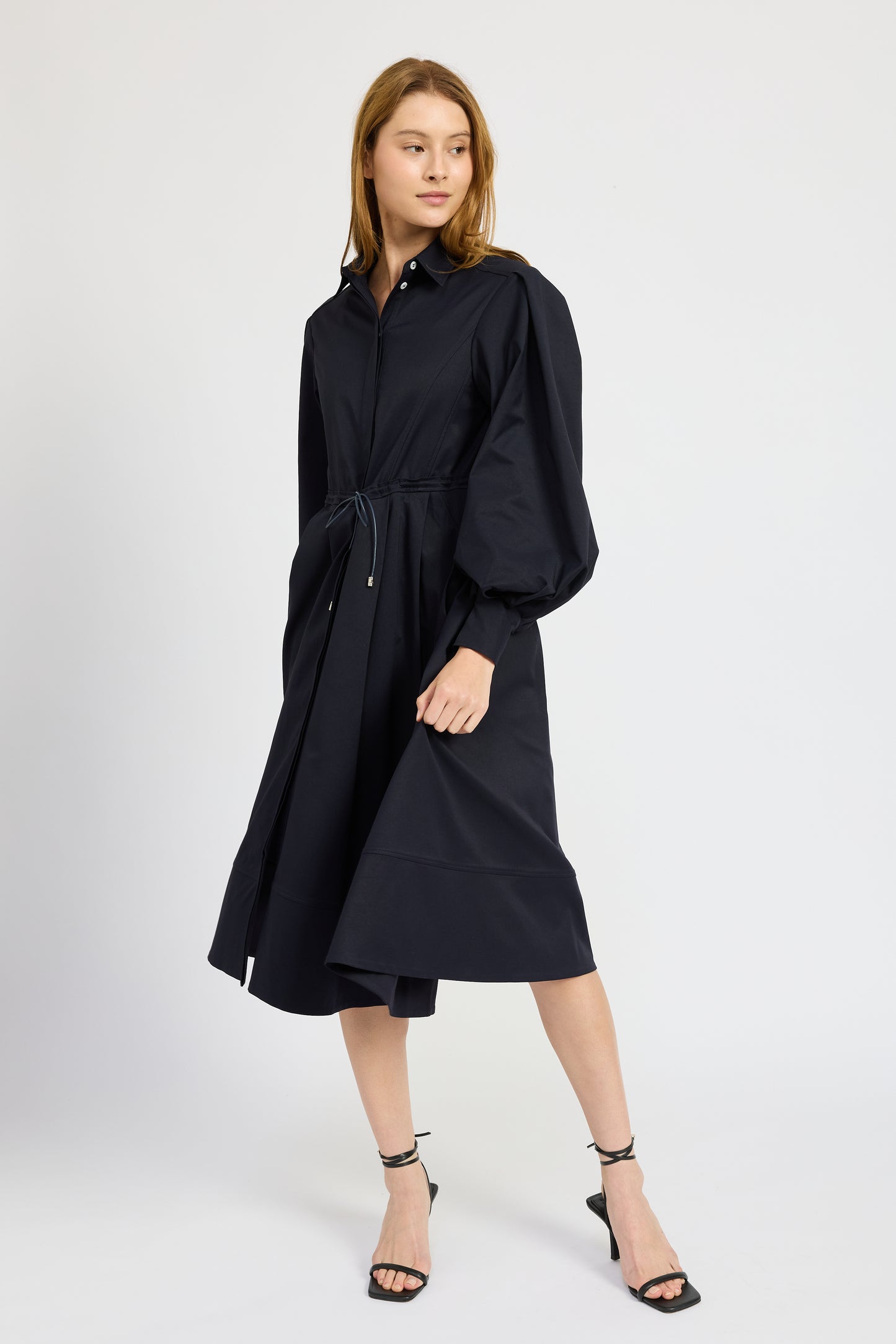 NAVY COLLARED MIDI SHIRT DRESS
