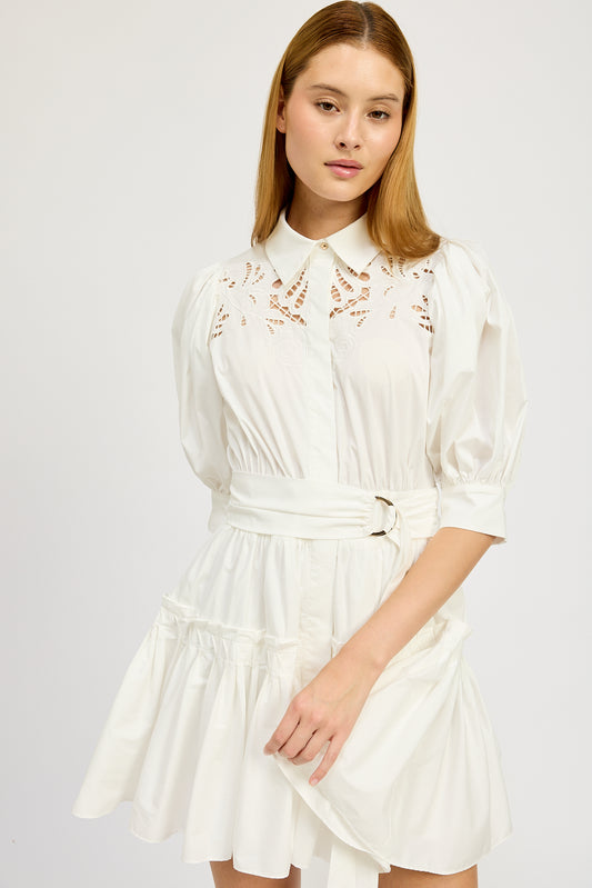 WHITE BELTED MINI SHIRT DRESS