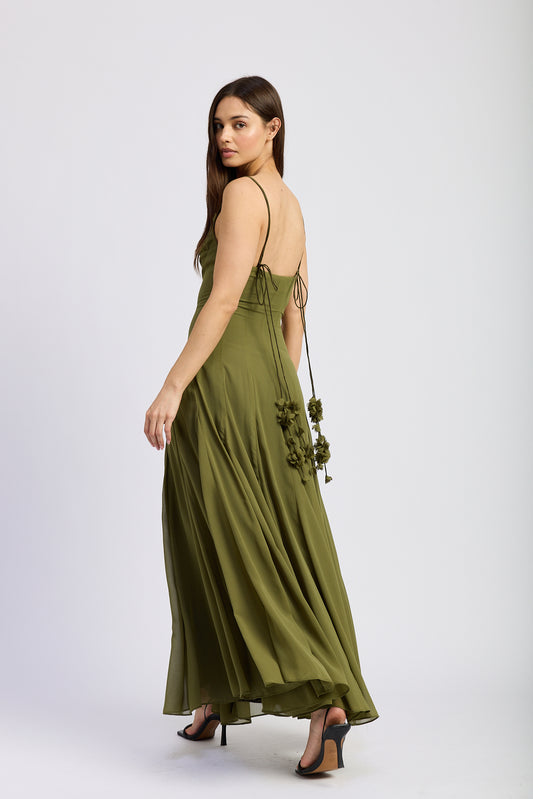 OLIVE FLORAL CHIFFON MAXI DRESS