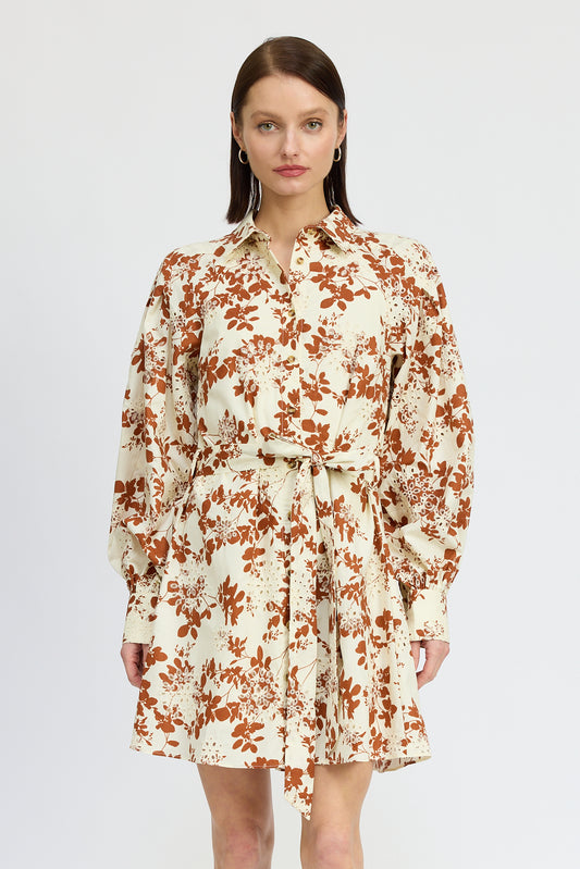 BROWN  TIED FLORAL PRINT MINI DRESS