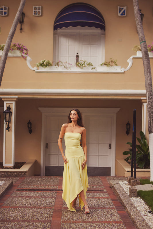 YELLOW STRAPLESS GALA DRESS
