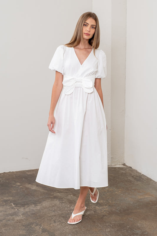 WHITE PUFF SLEEVE FRONT MIDI DRESS