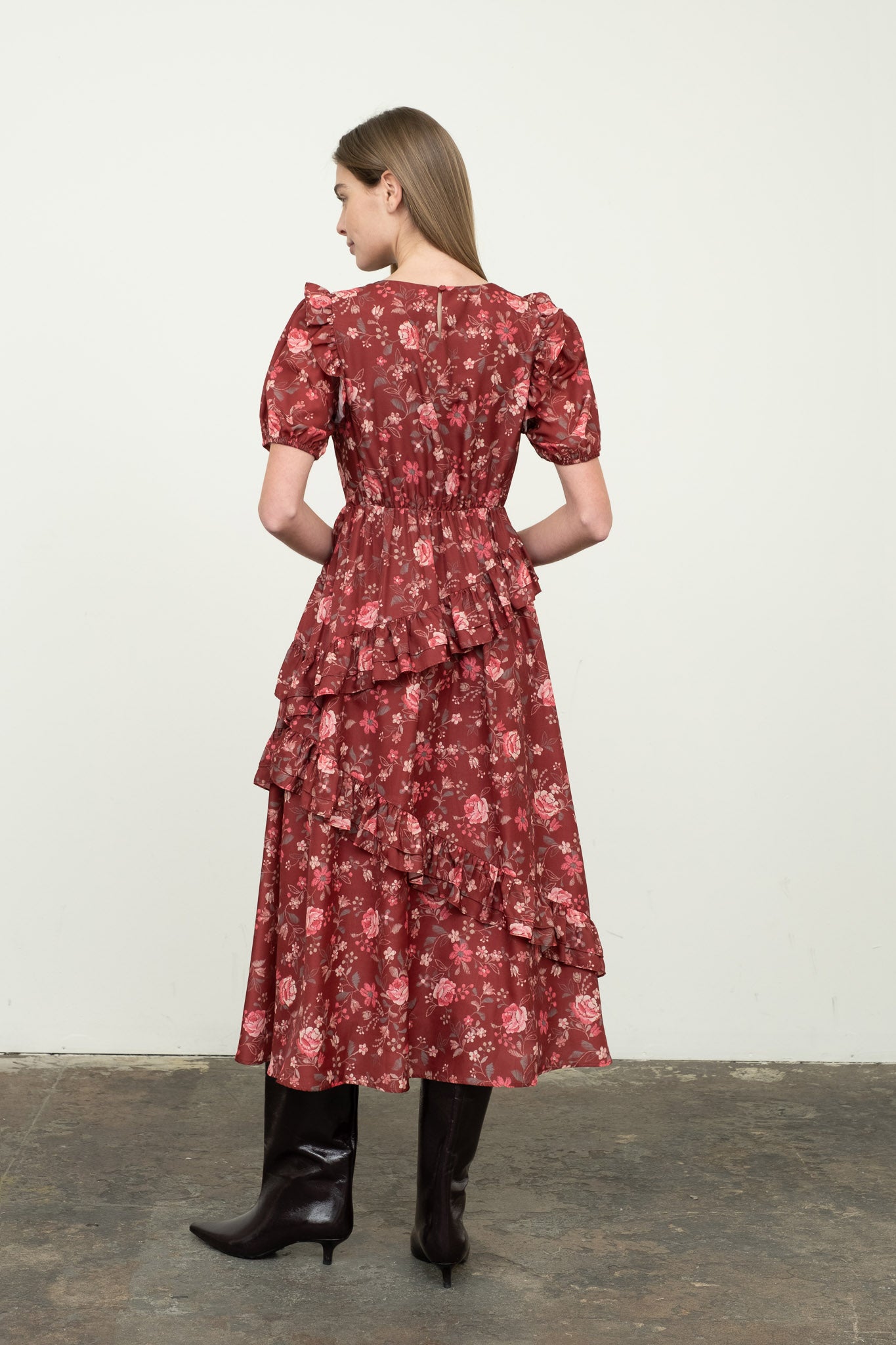 OXBLOOD MULTI RUFFLE MIDI DRESS