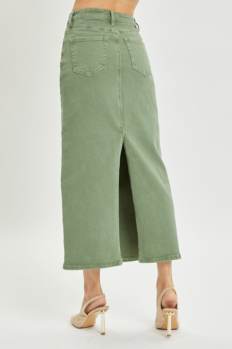 OLIVE DENIM MAXI SKIRT