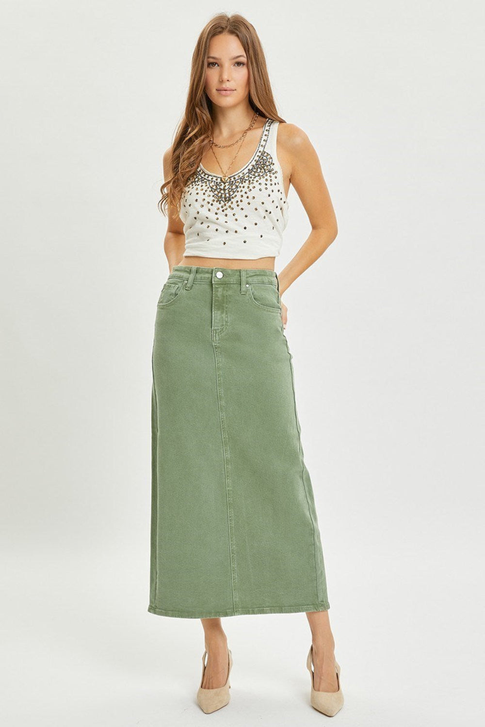 OLIVE DENIM MAXI SKIRT