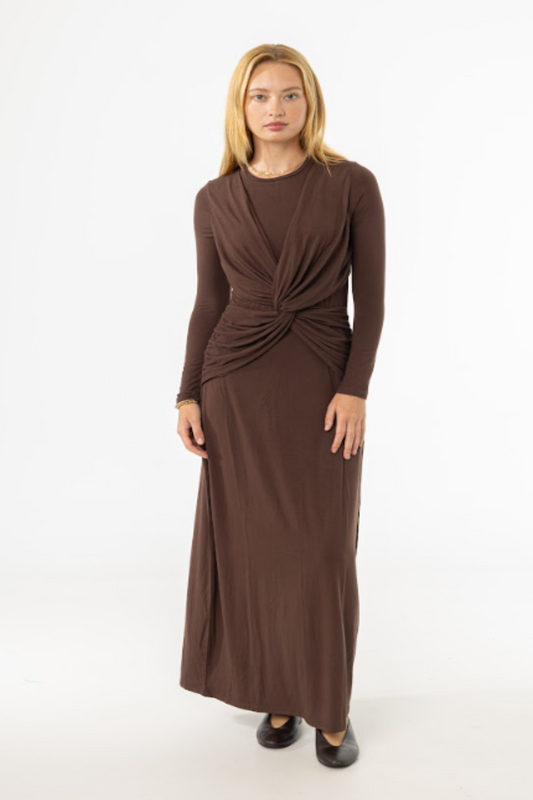 BROWN KNOT CROSSOVER MAXI DRESS