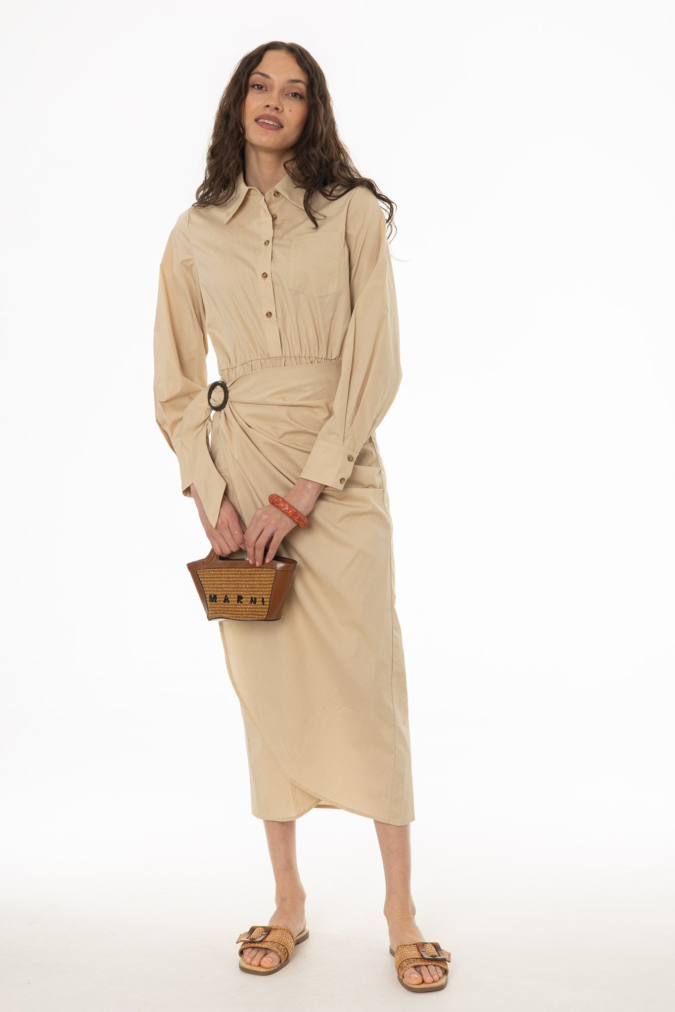 TAN HALF WRAP COTTON MAXI DRESS