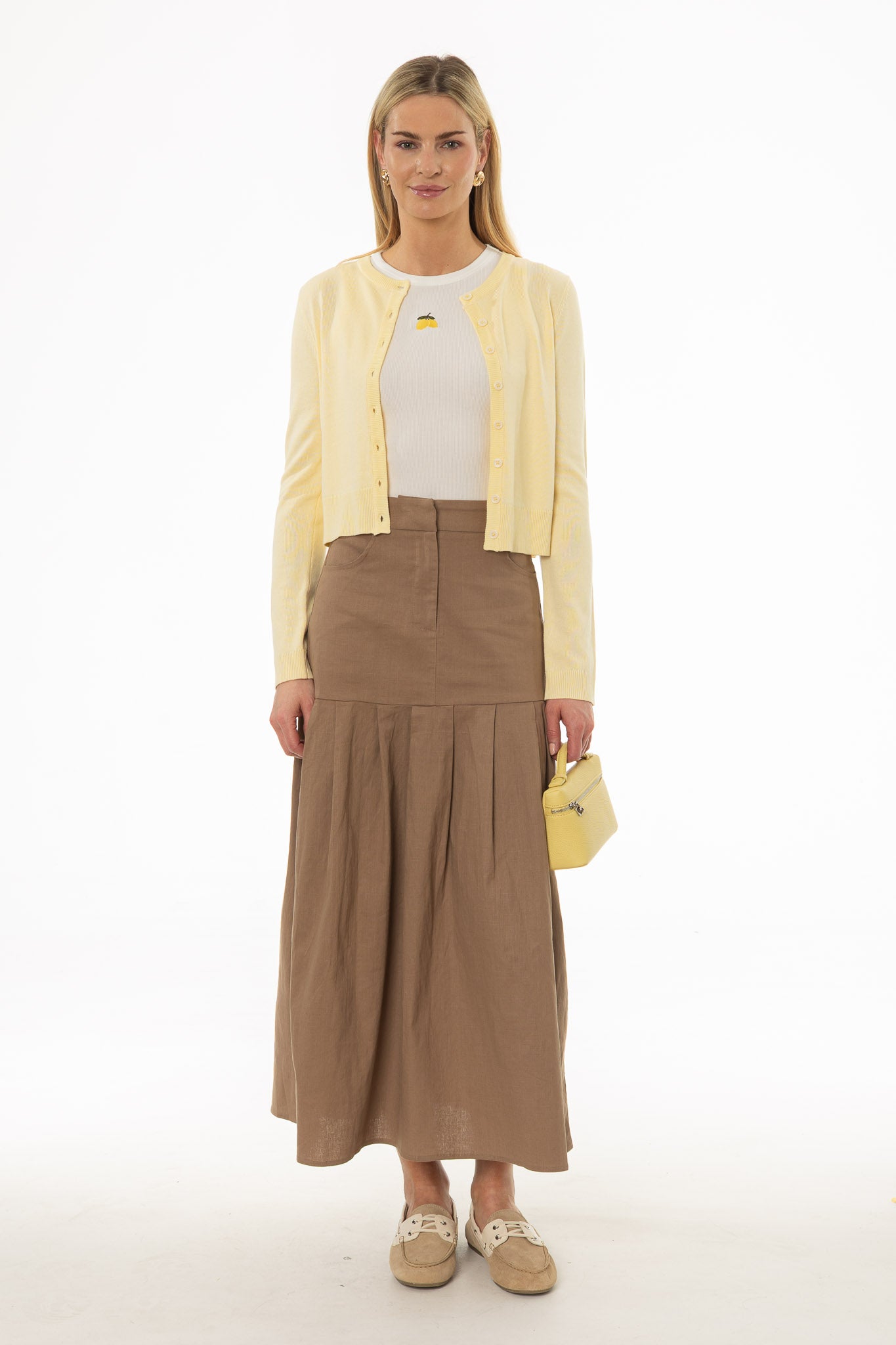 TAN LINEN FEEL STRETCH MAXI SKIRT